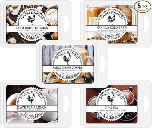 Farm Raised Candles Coffee Wax Melt 16 Ounces Variety Pack (5 Scents) – Hand-Poured 100% Soy Wax Melts – Chai • Farmhouse Coffee • Cold Brew • Black Tea – Fresh from The Farm Soy Melts