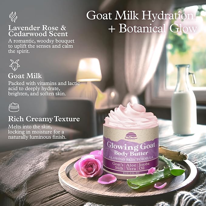 PURPLE CANYON Goat Milk Whipped Body Butter 8oz | Lavender Rose Body Lotion Infused with Jojoba Oil and Aloe Vera| Glowing Skin Natural Lotion for Luxury Self-Care
