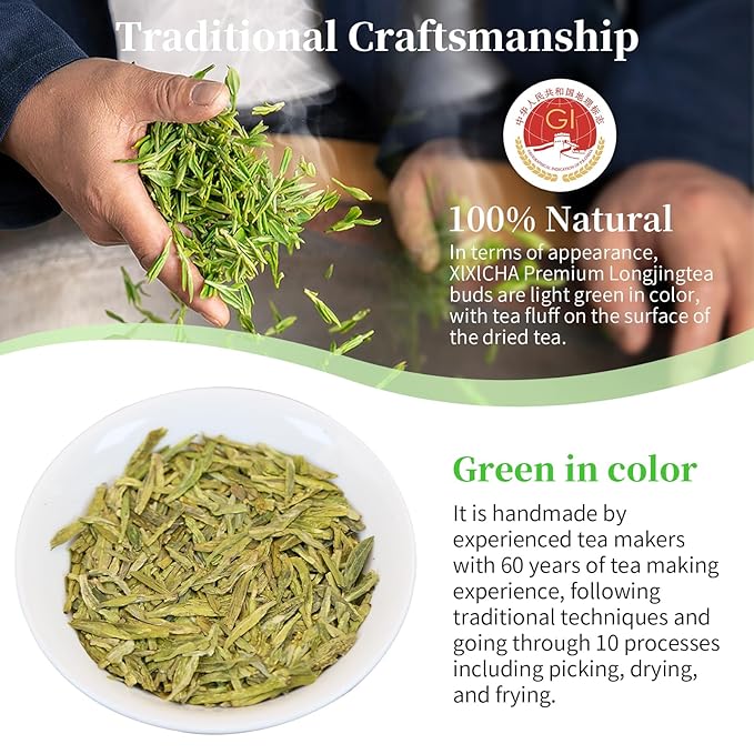 XIXICHA Longjing Tea New Tea Grade AAA Dragon Well Green Tea Loose Leaf Hangzhou Dragonwell Chinese Green Tea Fresh Bean Aroma 龙井茶 绿茶 明前龙井 茶叶 4.23oz/120g