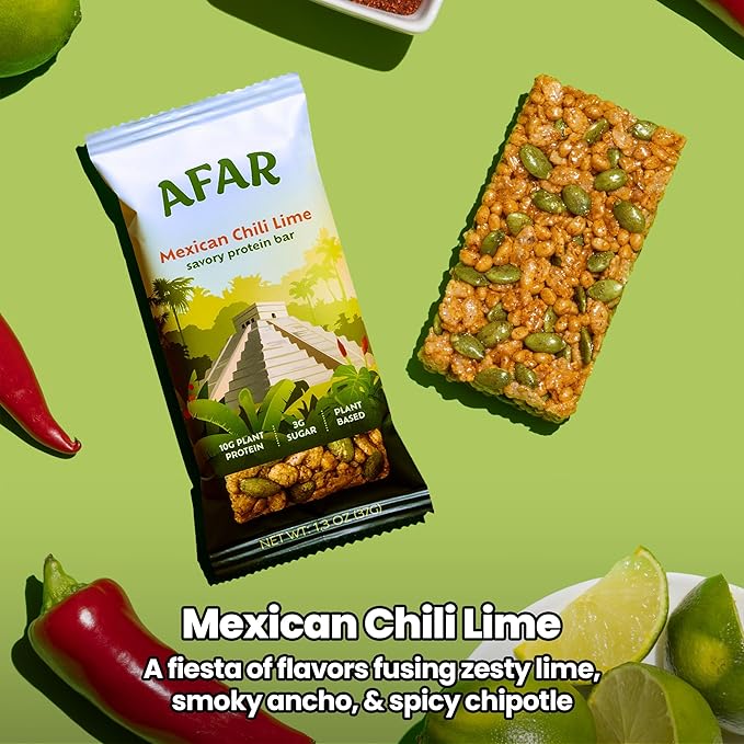 Afar Savory Protein Bars – Low Sugar, High Protein – Healthy Snacks for Adults – Meal Replacement Bar – Rice Crispy Texture – Vegan, Gluten Free (8 Bars, Mexican Chili Lime)