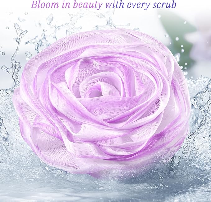 Bath Loofah, Shower Loofah, Body Loofah, Bath Sponge, Shower Sponge, Body Sponge, Bath Scrubber, Shower Scrubber, Body Scrubber, Rose-Shaped, Elegant (Set of 2 Pieces,Purple and Grey)