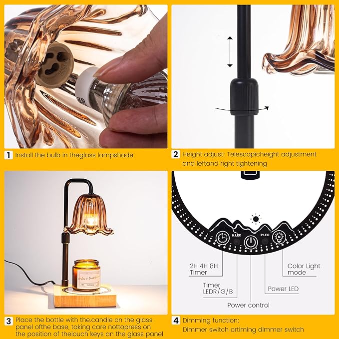 Candle Warmer Lamp with Touch Screen Timer, Dimmable Wax Melts Warmer, 6 RGB Ambient Colors & Adjustable Height, Touch Control Lamp Flower Candle Warmer, Birthday Gifts for Women Mom, New Home Decor