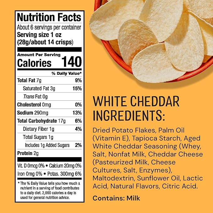 The Good Crisp Company, Aged White Cheddar, Gluten Free Potato Chips (5.6 Ounce Canisters, Pack of 8), Non-GMO, Allergen Friendly, Potato Chip Snack Pack, Gluten Free Snacks