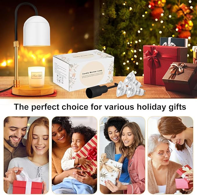 Candle Warmer Lamp with Timer & 3 Bulbs, Dimmable Electric Candles Light Adjustable Height and Brightness, Candle Wax Warmer for Jar Bedroom Home Decor House Warming Gift (Round White)