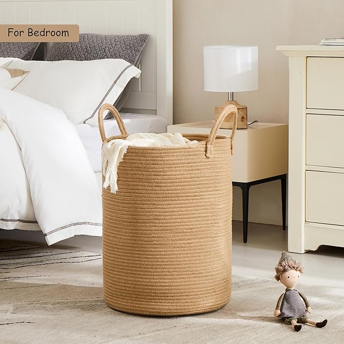 15Dx20H inches Jute Woven Hamper Laundry Basket Wicker Rope Clothes Hamper for Baby Nursery Kids Tall Rattan Blanket Basket in Living Room Bedroom 60L Large Capacity