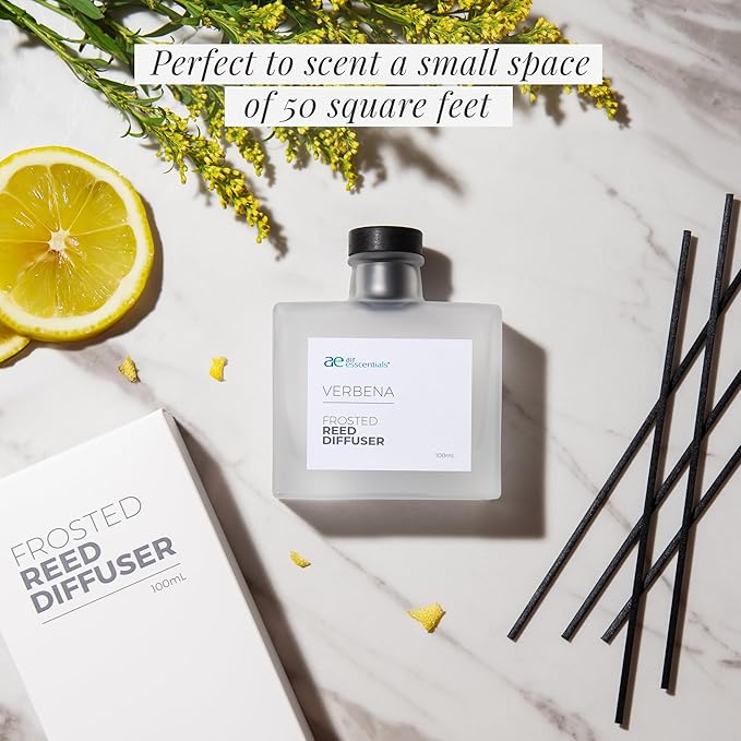 Air Esscentials Frosted Verbena Reed Diffuser Set - Decorative Fragrance Diffuser & Oil for Bathroom & Home | Long-Lasting Aroma | Natural Scent Sticks | Essential Oils & Botanicals| 100mL