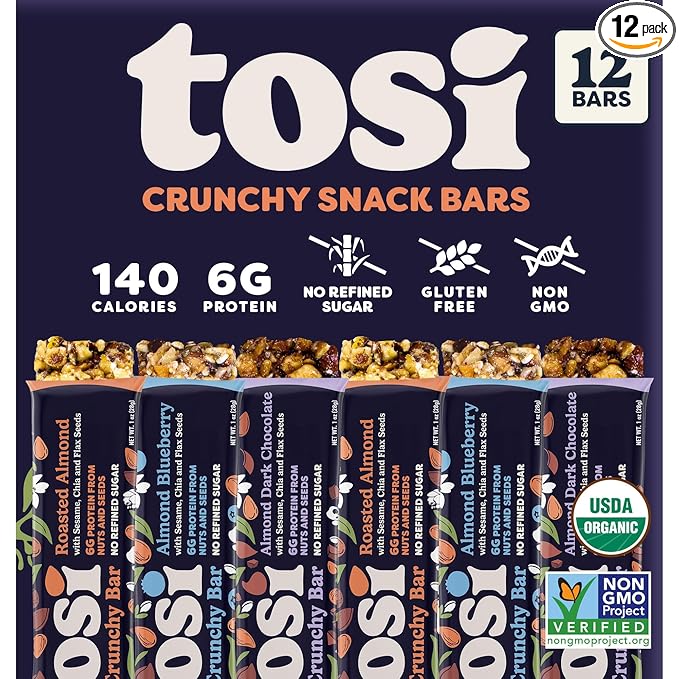 Tosi Cashew Coconut and Dark Chocolate Peanut Protein Bars Combo, Plant Based with Nuts, Gluten-Free Crunchy Snacks, Vegan, Organic, Flax & Chia Seeds, Soy-Free, Omega 3s, 6G/8G Protein, 1 oz, 12-Pack