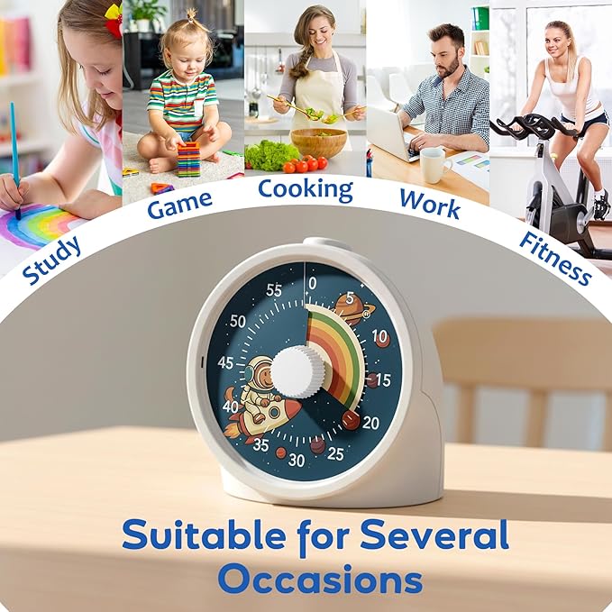 BellMan Visual Timer with Pause Button, 60 Minute Countdown Rainbow Timer for Kids and Adults with Silent Operation, Study and Meetings Time Management Tool, Design for Home, Office and Gift, Rocket