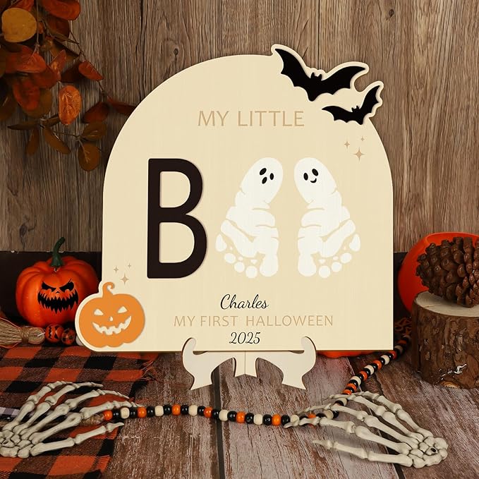 Sereliy Baby's First Halloween DIY Footprint Art Card, Wooden Little Boo Sign Keepsake Ornaments for Baby Shower Newborn Photoshoot Prop (Boo)