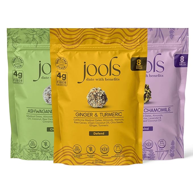 Jools Medjool Date Snack Bites Variety Pack - Ashwagandha & Maca, Ginger & Turmeric, Chamomile & Lavender - Plant-Based, Gluten-Free - Clean Energy Snacks with Superfoods, No Added Sugar - 3 Pack