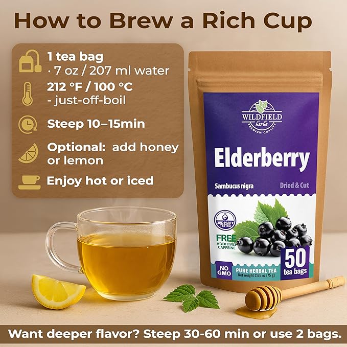 50 Bags Elderberry Fruit Herbal Tea (Sambucus) – 50 Tea Bags 1.5g Elderberry Berry Tea Saúco