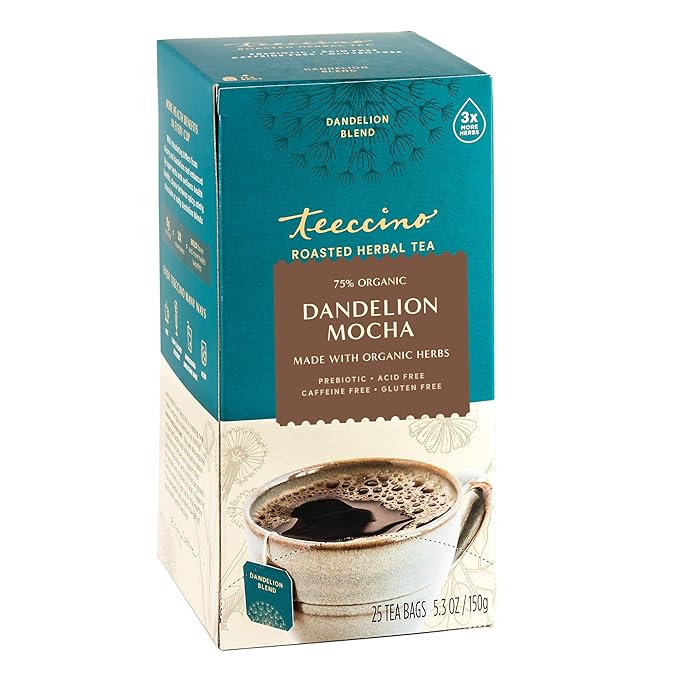 Teeccino Dandelion Herbal Tea - Mocha - Caffeine Free, Prebiotic, Gluten Free, 3x More Herbs - 25 Tea Bags