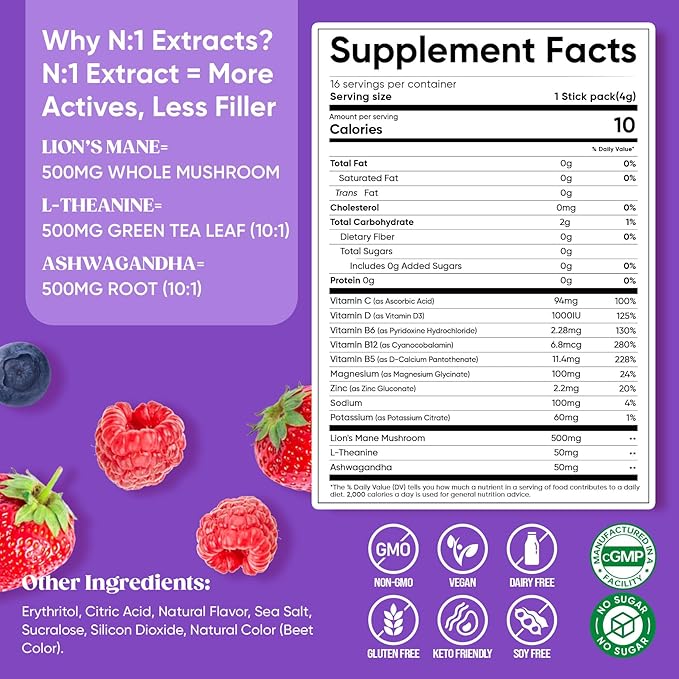 Venture Pal Calming Powdered Drink Mix, Magnesium Glycinate, Ashwagandha, L-Theanine,Vitamin D, Lions Mane, Sugar Free Magnesium Supplement Blend for Relax & Focus, Non GMO, Vegan, On The Go