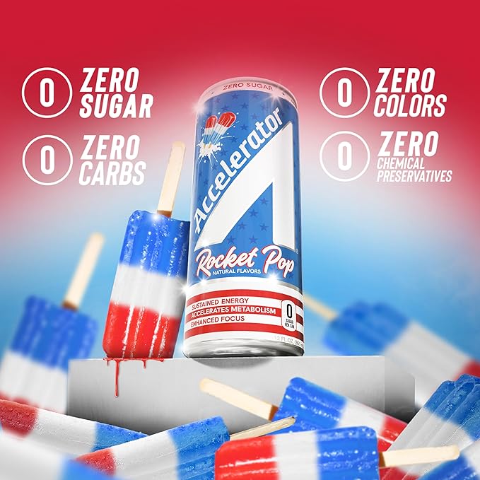 Accelerator Energy Drink Sugar Free, Rocket Pop 12oz can(12 pack)Zero Sugar Energy Drinks with Sustained Energy from 100% Natural Caffeine (200mg) & Green Tea extract