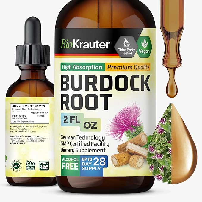 BIO KRAUTER Burdock Root Tincture - Antioxidant Support Liquid Supplement - Burdock Root Extract - Alcohol and Sugar Free - Vegan Drops 2 Fl.Oz.