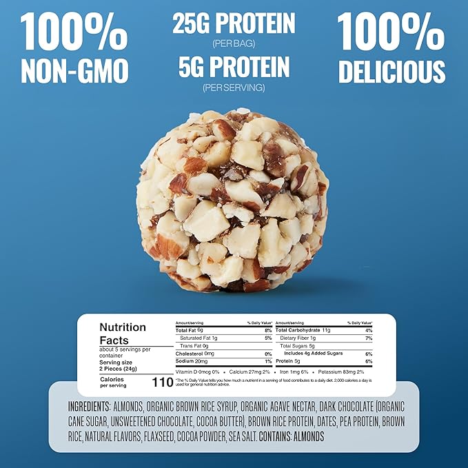 The GFB Dark Chocolate Almond Protein Bites - Gluten Free, Plant Based, Non GMO, Sustainably Made – Ridiculously Tasty, Healthy, Vegan, Protein Energy Balls, 4 oz (6 Count)