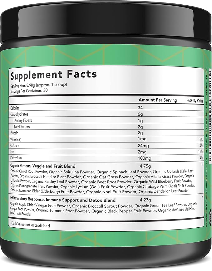 Certified Organic Greens Powder - 30 Servings - Green Superfood Powder, Energy Boost Detox Drink, Fruit and Vegetable Powder, Apple Cider Vinegar, Green Tea Extract