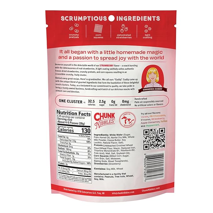 Chunk Nibbles Strawberry Snack Clusters - Real Freeze-Dried Strawberries, Pretzels & Corn Squares - Gourmet Fruity Sweet & Salty Snack, Handcrafted, No Artificial Colors - 4.25oz Resealable Pouch (3 Pack)