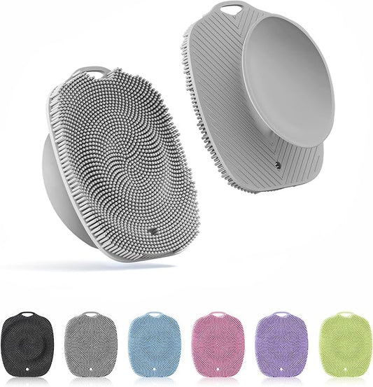 Soft Silicone Body Scrubber, Gentle Like a Hand Exfoliating Your Skin and Build Up Lather Easily, Back Large Suction Cup Easy to Store, Long-Lasting & Deep Clean (Gray)