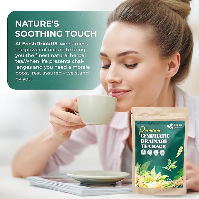FreshDrinkUS, Lymphatic Drainage Tea | 30 Tea Bags | Herbal Tea Bags with Ginger, Dandelion Root, Burdock Root, Mullein, Calendula, Lemongrass, Rose, Licorice & Tulsi ā Caffeine-Free Herbal Blend
