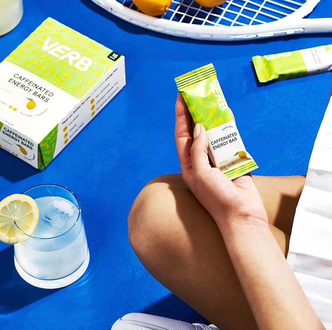 Verb Caffeinated Energy Bars Lemon (26g, Pack of 16) 110-Calorie Delicious Low Sugar Energy Bar - Vegan Gluten Free On-the Go Snack with 80mg Green Tea Caffeine, Only Real-Food Ingredients