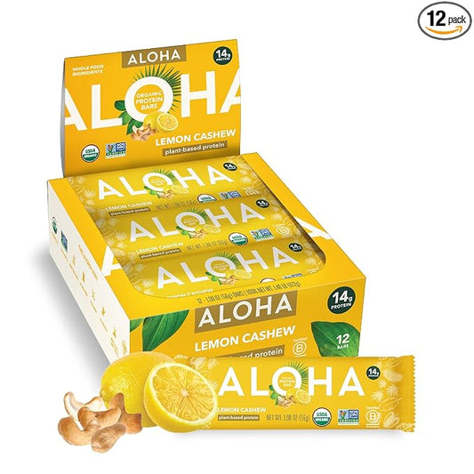 ALOHA Organic Plant Based Protein Bars - Lemon Cashew - 12-Count - Vegan, Low Sugar, Gluten-Free, Paleo, Low Carb, Non-GMO, No Stevia & No Erythritol