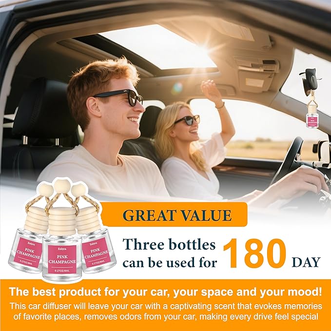 Hanging Car Air Freshener (Pack of 3) : Luxury Car Perfume for Women Men | Cute & Reusable Bottle with 45+ Days Long-Lasting Fragrance Oil Diffuser, Pink Champagne