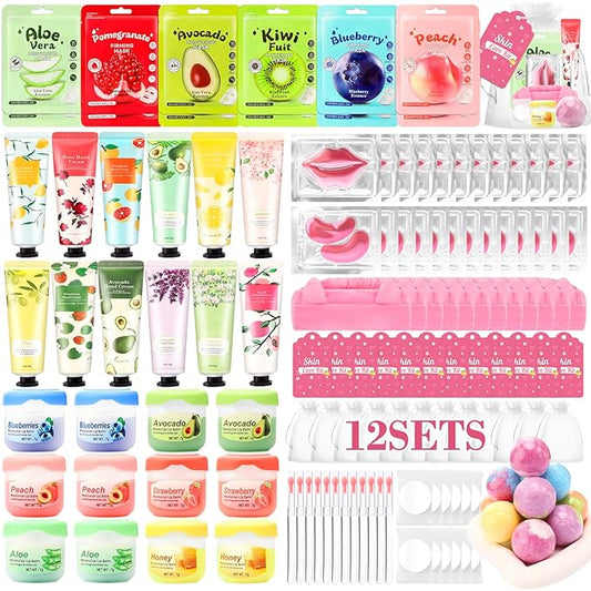 132 PCS Spa Party Supplies for Girls, Spa Party Favors Include Face Masks Skincare, Hand Cream, Lip Balm, Under Eye Patches, Lip Mask and Foot Bath Bombs, Spa Birthday Sleepover Party Supplies