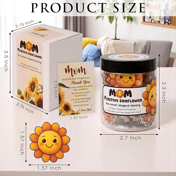 Positive Sunflower Jar for Mom, Affirmation Cards, Inspirational, Self Care Gifts for Women, Emotional Support, Encouragement Cards, Birthday Gift for Mom from Daughter, Son