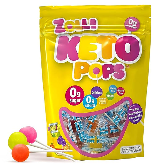 Zolli KETO Pops Sugar Free Lollipop Candy, Vegan, Gluten-Free, Diabetic-Friendly, 5.2oz Resealable Pouch