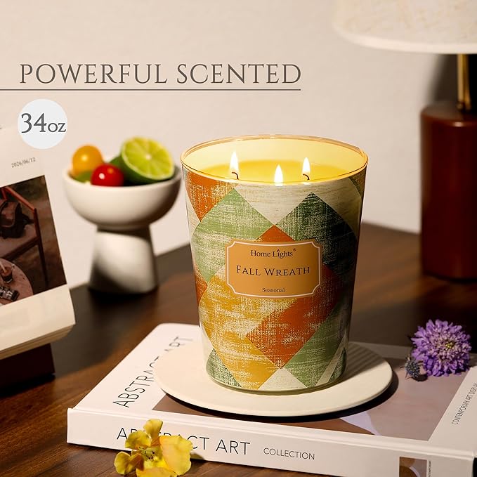 HomeLights Large jar Candle | 3-Wick Long-Lasting Scented Candles, 34oz Natural Soy Wax Candle for Home Scented, Rustic Modern Gifts for Women & Men, Fall Wreath