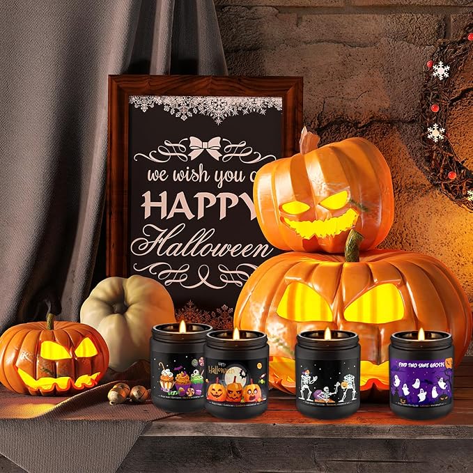 4 Pack Black Halloween Scented Candles -7oz Soy Wax Candles with Essential Oils (Rosemary, Vanilla, Gardenia, Lavender) -for Halloween, Christmas, Home Decor