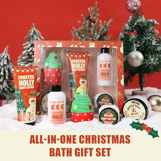 Christmas Bath Gift Set for Women, 5 PCS Bath and Body Gift Set,Holiday Stocking Stuffers with Shower Gel, Body Lotion, Mini Towel,Birthday Gifts for Women
