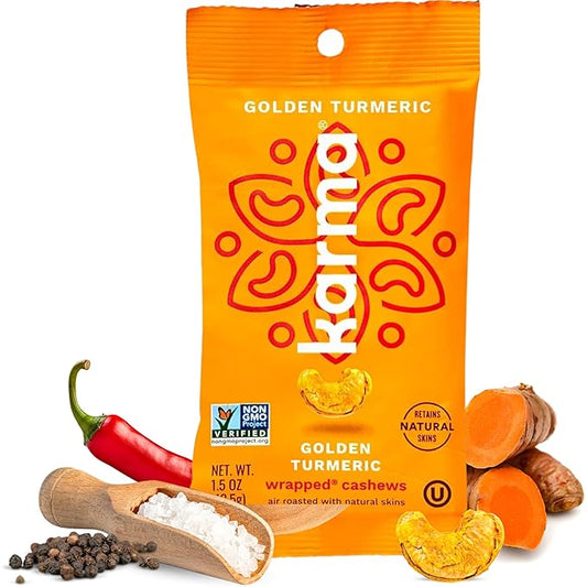 Golden Turmeric Cashews with Skin by Karma Nuts, Whole, Roasted, Vegan, Gluten Free, Low Net Carb, Natural, Everyday Nut Snack, 1.5 Ounce (12 Snack Packs)