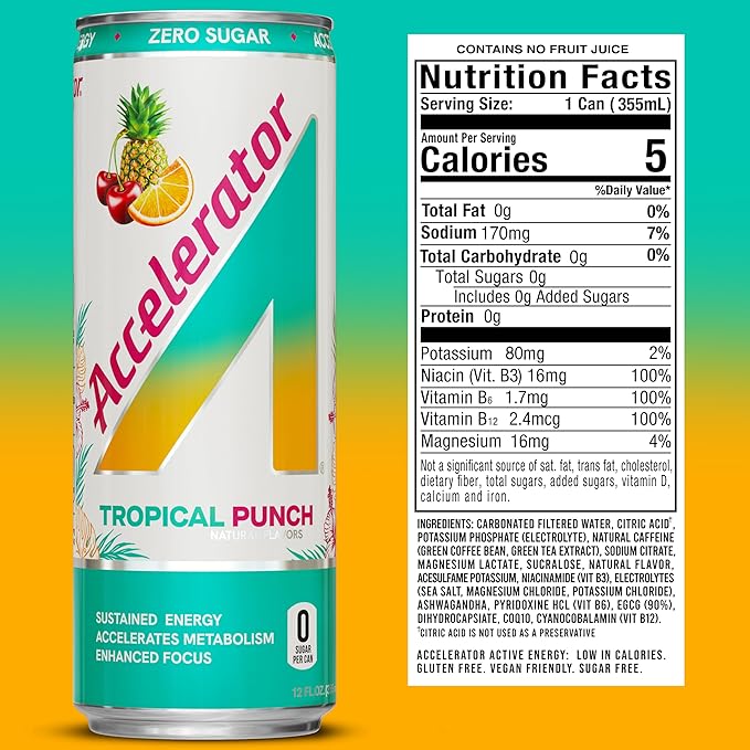 Accelerator Active Energy Drink Sugar Free Zero Carbs, Tropical Punch, 12oz can(12 pack) Enhanced Focus & Sustained Energy from 100% Natural Caffeine (200mg& Green Tea Extract