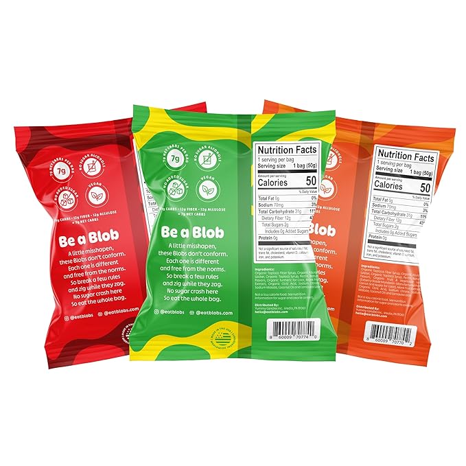 Blobs Gummy Candy - 2g Sugar Healthy Gummies - Low Net Carb & Low Calorie - No Sugar Alcohols, Vegan, Gluten Free, No Dyes - Variety Snack Pack for Kids & Adults (Pack of 6)