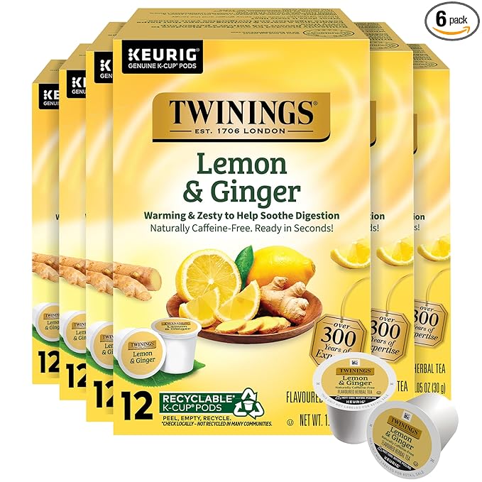 Twinings Lemon & Ginger Herbal Tea 72 K-Cup Pods for Keurig, 12 Count (Pack of 6), Tangy & Spicy, Naturally Caffeine-Free, Enjoy Hot or Iced