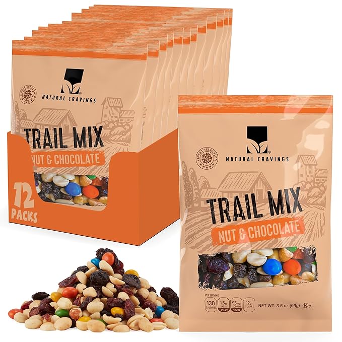 Natural Cravings Trail Mix Snack Dried Fruit Mix & Nuts Mix with Chocolate Chips, Peanuts, Cranberries, Raisins, Walnuts, Tropical Fruits (12 Pack, Nut & Chocolate Mix)