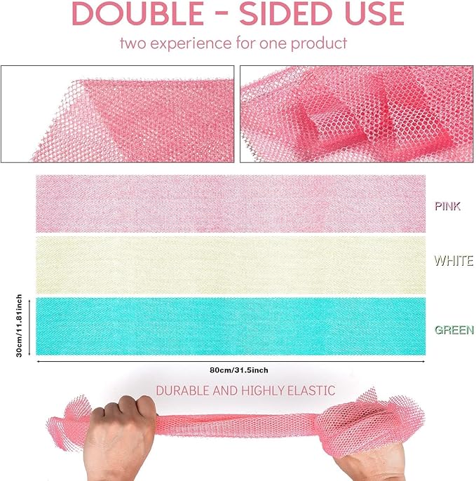 UJFQBH 3 Pieces African Net Sponge, African exfoliating net African Net Long Net Bath Sponge Exfoliating Shower Body Scrubber Back Scrubber Skin Smoother(Pink, Green, Off-White)