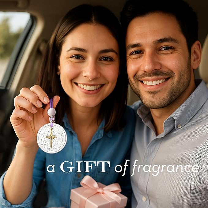 Luxury Car Air Freshener for Women - Refillable & Portable Essential Oil Fragrance Diffuser - Cute Car Accessories & Interior Decor - Mirror Hanging or Vent Clips - Two Hearts Cross Charm, Rose Scent