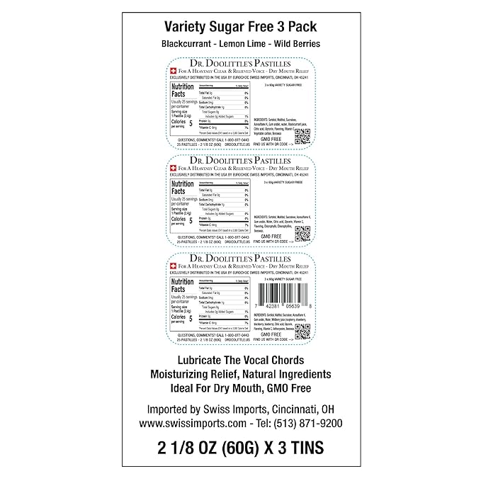 DOOLITTLE Sugar Free Soft Fruit Pastilles for Voice and Throat, Blackcurrant, Lemon Lime, and Wild Berries Variety Flavor Pack, 2.12 Ounce Tin, Approximately 25 Count Package, 3 Tin Gift Set