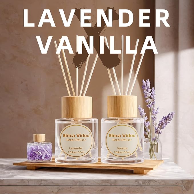 Reed Diffuser Set, Binca Vidou Lavender & Vanilla Natural Scent Oil Diffusers with Sticks for Home Office Bathroom Aromatherapy Decor 1.69oz x 2
