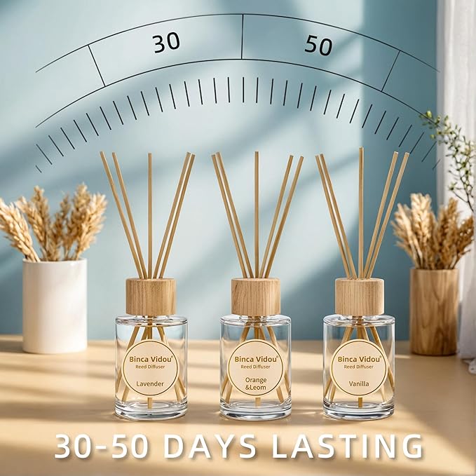 Reed Diffuser Set, Binca Vidou Lavender Vanilla Orange & Lemon Natural Scent Oil Diffusers with Sticks for Home Office Bathroom Aromatherapy Decor 2.7oz x 3
