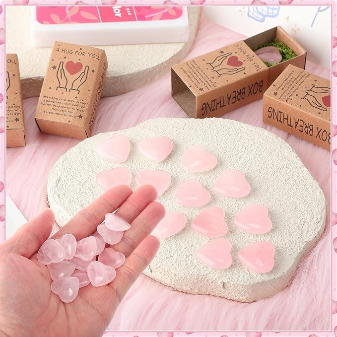 Landical 50 Sets Pocket Hug Token Gifts Small Crystal Heart Stones Bulk with Boxes Mini Heart Shape Natural Stones for Colleagues Family Distance Social Celebration of Life Gifts(Pink)