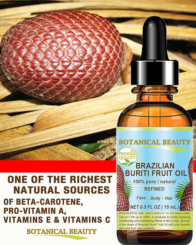 Botanical Beauty Brazilian BURITI FRUIT OIL 100% Pure Natural Refined Cold Pressed Carrier Oil Undiluted 0.5 Fl Oz - 15 ml for Face, Skin, Body, Hair, Nails