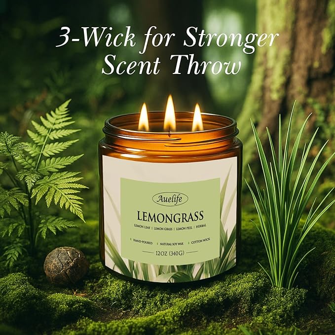 Lemongrass Scented Candle | 3-Wick Jar Candle - 12oz Natural Soy Wax - Citronella Scent for Indoor Outdoor Use, Long Lasting Aromatherapy Gifts for Fathers Day, Summer, 50+ Hour Burn