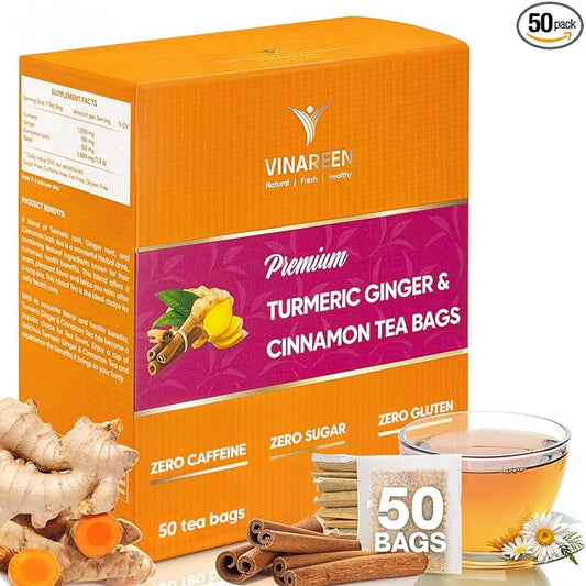 VINAREEN 50 Premium Tea Bags, Special Blend of Turmeric Ginger Cinnamon Tea,100% Natural Turmeric Ginger Herbal Tea, Te De Jengibre Y Curcuma Canela, Caffeine Free, Gluten Free, Sugar Free, Vegan.
