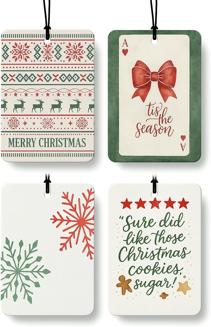 Red and Green Boho Christmas Berry Car Air Freshener 4 Pcs, Retro Red Christmas Bow Snowflake Hanging Air Freshener for Cars Closet Drawer Books, Xmas Car Accessories Mirror Decor for Women