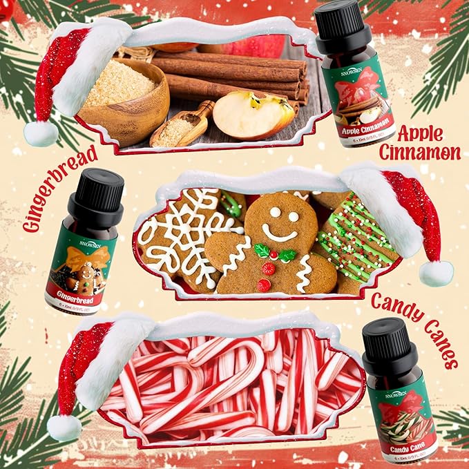Christmas Fragrance Oil Set, SNOWSEN Winter Essential Oils for Diffuser & Aromatherapy, Apple Cinnamon, Christmas Pudding, Candy Cane, Gingerbread, Cranberry Scented Oil for Candle Making