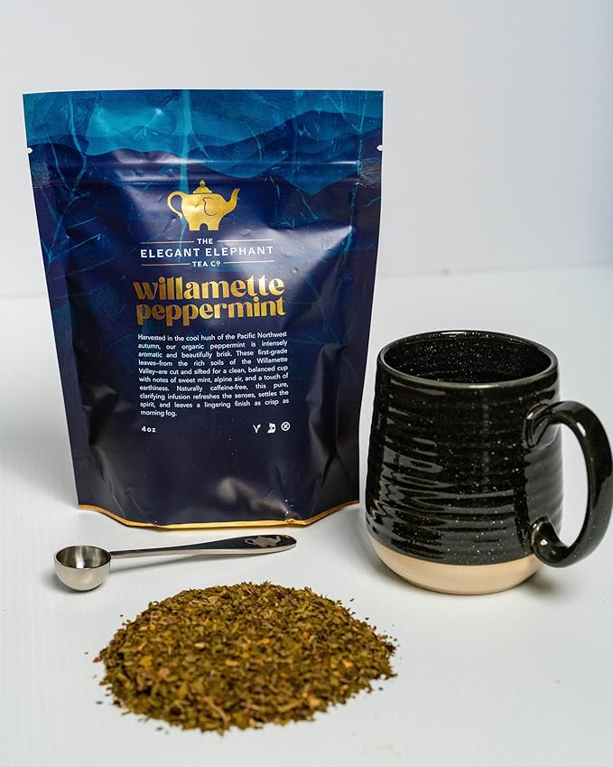 Willamette Peppermint Tea, Organic Loose Leaf Mint Herbal Tea – Soothing, Caffeine-Free – Refreshing Hot or Iced – 4 oz Resealable Bag (Makes 50 Cups) – The Elegant Elephant